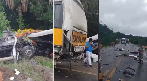 18 pessoas ficaram feridas após acidente entre caminhões e ônibus escolar na BR-174, em Manaus